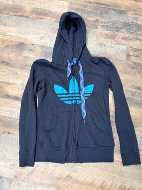 adidas Black Hoodie with Blue Logo and Teal Trim